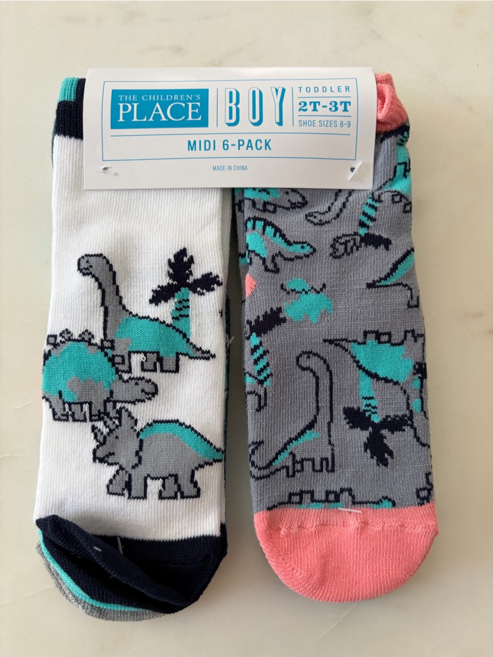 The Children's Place Boys Dino Crew Socks - Teal, Gray, White, Coral